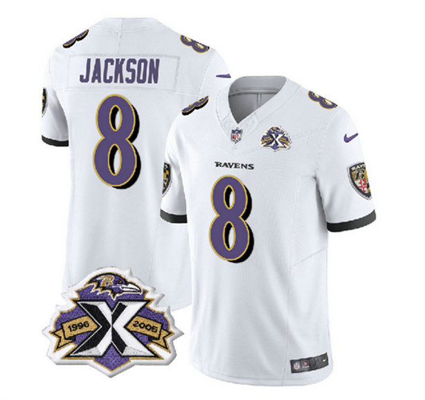 Men's Baltimore Ravens #8 Lamar Jackson White 2023 F.U.S.E With Patch Throwback Vapor Limited Jersey