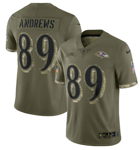 Men's Baltimore Ravens #89 Mark Andrews Olive 2022 Salute To Service Limited Stitched Jersey