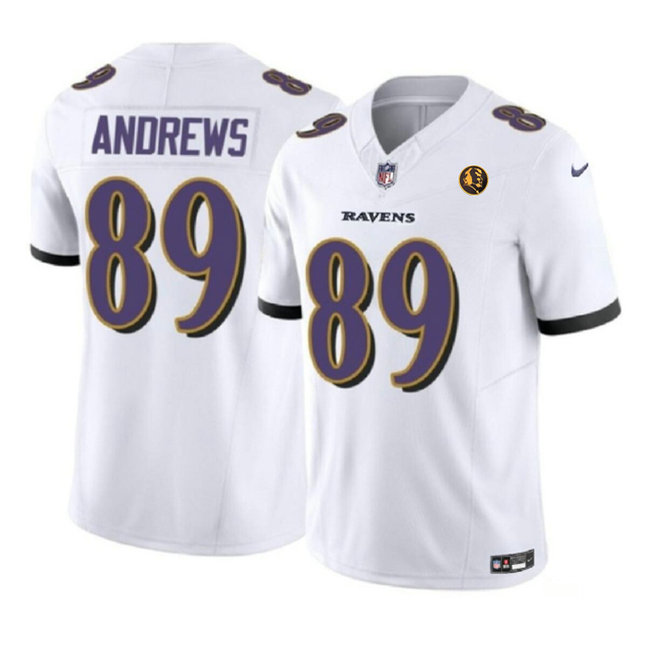 Men's Baltimore Ravens #89 Mark Andrews White 2023 F.U.S.E. With John Madden Patch Vapor Limited Stitched Football Jersey