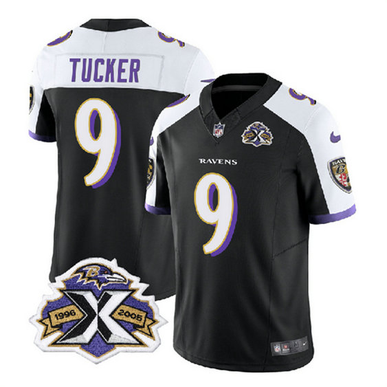 Men's Baltimore Ravens #9 Justin Tucker Black White 2023 F.U.S.E With Patch Throwback Vapor Limited Jersey