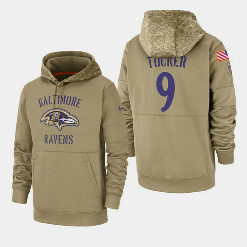 Men's Baltimore Ravens Justin Tucker 2019 Salute to Service Sideline Therma Pullover Hoodie - Tan
