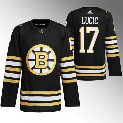 Men's Boston Bruins #17 Milan Lucic Black With Rapid7 Patch 100th Anniversary Stitched Jersey