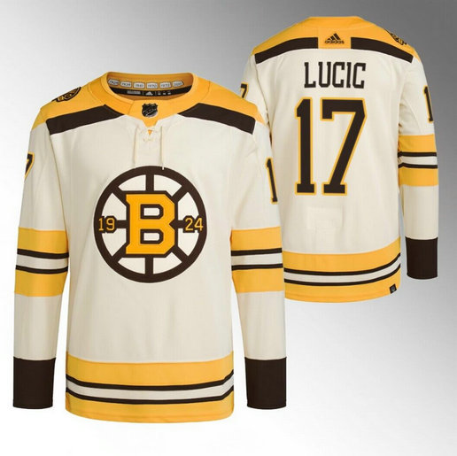Men's Boston Bruins #17 Milan Lucic Cream 100th Anniversary StitchedStitched Jersey