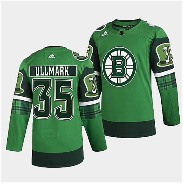Men's Boston Bruins #35 Linus Ullmark 2022 Green St Patricks Day Warm-Up Stitched Jersey