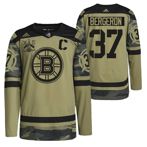 Men's Boston Bruins #37 Patrice Bergeron 2022 Camo Military Appreciation Night Stitched Jersey