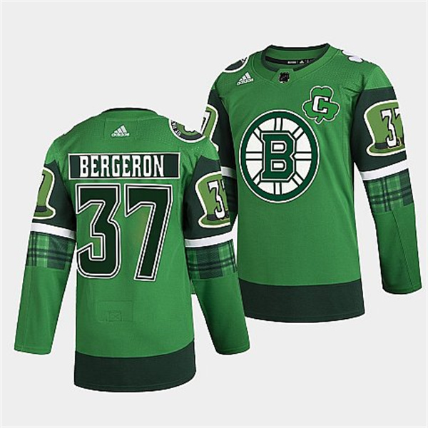 Men's Boston Bruins #37 Patrice Bergeron 2022 Green St Patricks Day Warm-Up Stitched Jersey