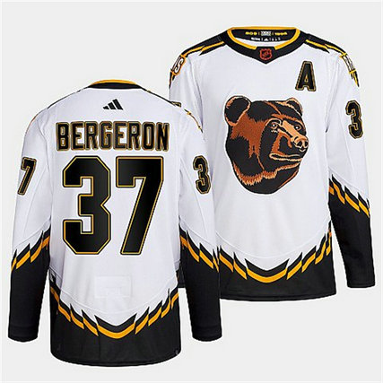 Men's Boston Bruins #37 Patrice Bergeron White 2022 Reverse Retro Stitched Jersey