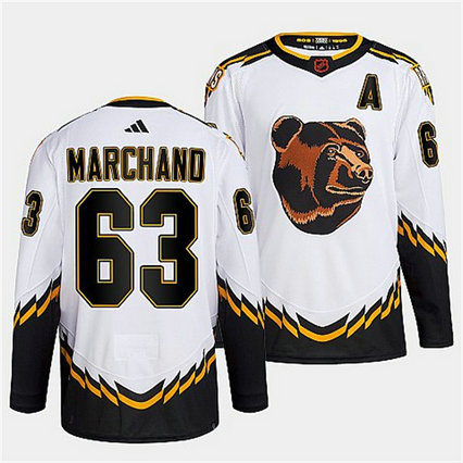 Men's Boston Bruins #63 Brad Marchand White 2022 Reverse Retro Stitched Jersey