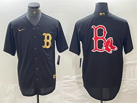 Men's Boston Red Sox Black Team Big Logo Cool Base Stitched Baseball Jersey 1
