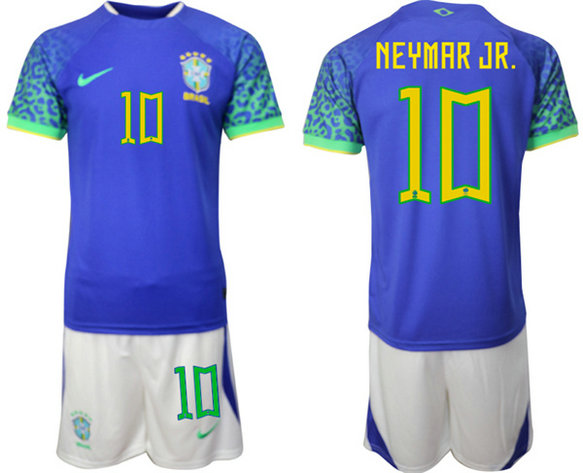 Men's Brazil #10 Neymar Jr Blue 2022 FIFA World Cup Away Soccer Jersey Suit 1