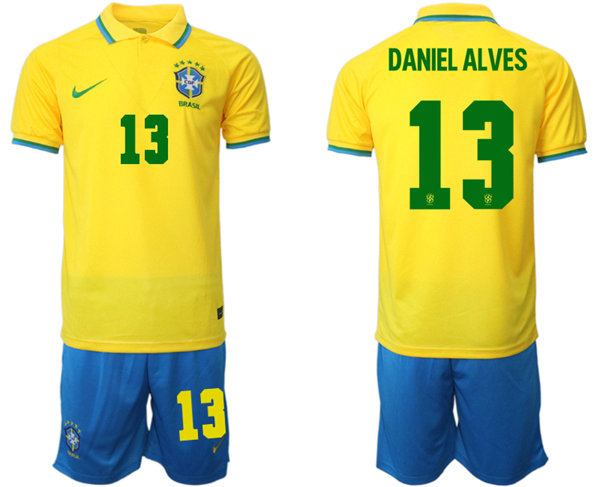 Men's Brazil #13 Daniel Alves Yellow 2022 FIFA World Cup HomeSoccer Jersey Suit