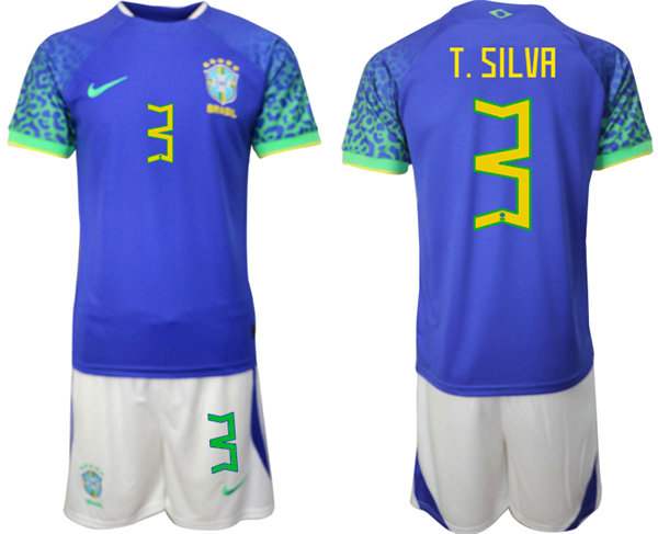 Men's Brazil #3 T. Silva Blue 2022 FIFA World Cup Away Soccer Jersey Suit