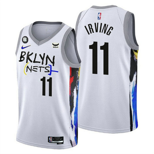 Men's Brooklyn Nets #11 Kyrie Irving White 2022 23 City Edition With NO.6 Patch Stitched Basketball Jersey