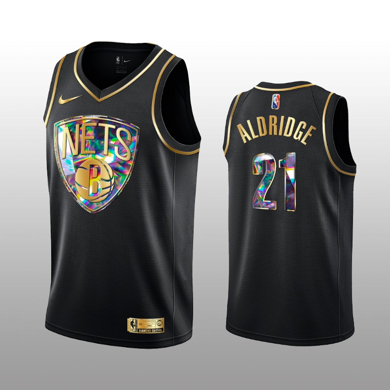 Men's Brooklyn Nets #21 LaMarcus Aldridge 2021 22 Black Golden Edition 75th Anniversary Diamond Logo Stitched Basketball Jersey