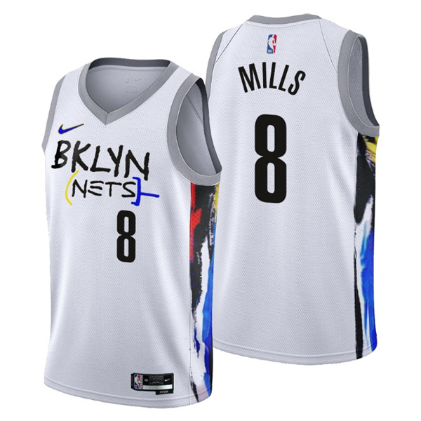 Men's Brooklyn Nets #8 Patty Mills 2022 23 White City Edition Stitched Basketball Jersey