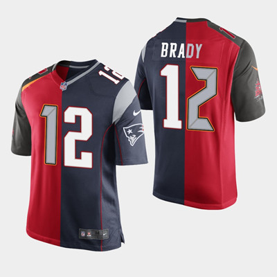 Men's Buccaneers Patriots Tom Brady #12 Split Red Navy Jersey