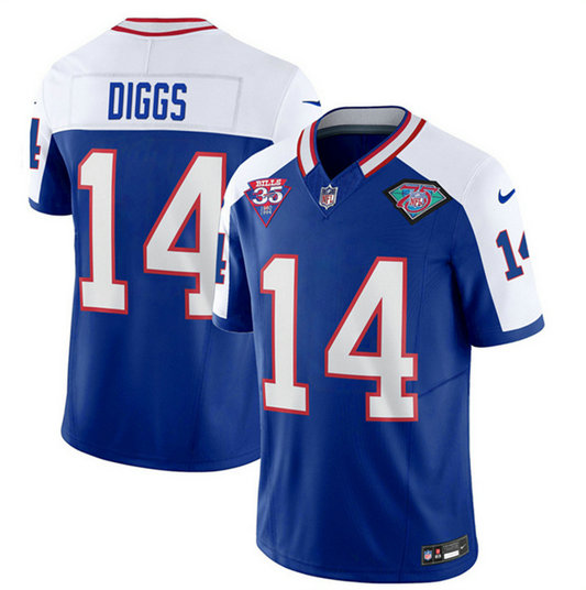 Men's Buffalo Bills #14 Stefon Diggs Blue White 35th And 75th Patch 2023 F.U.S.E. Throwback Vapor Untouchable Limited Stitched Jersey
