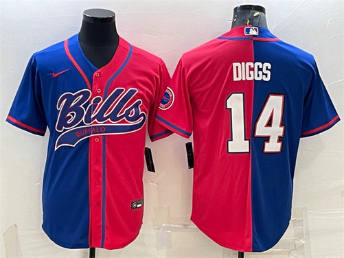 Men's Buffalo Bills #14 Stefon Diggs Royal Red Split With Patch Cool Base Stitched Baseball Jersey
