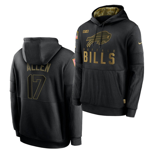 Men's Buffalo Bills #17 Josh Allen 2020 Salute To Service Black Sideline Performance Pullover Hoodie