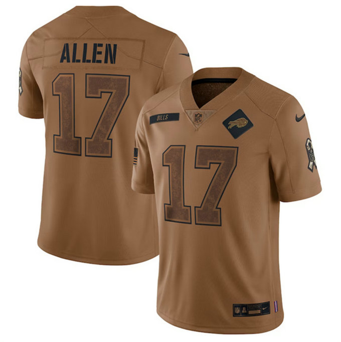 Men's Buffalo Bills #17 Josh Allen 2023 Brown Salute To Service Limited Stitched Jersey