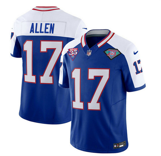 Men's Buffalo Bills #17 Josh Allen Blue White 35th And 75th Patch 2023 F.U.S.E. Throwback Vapor Untouchable Limited Stitched Jersey