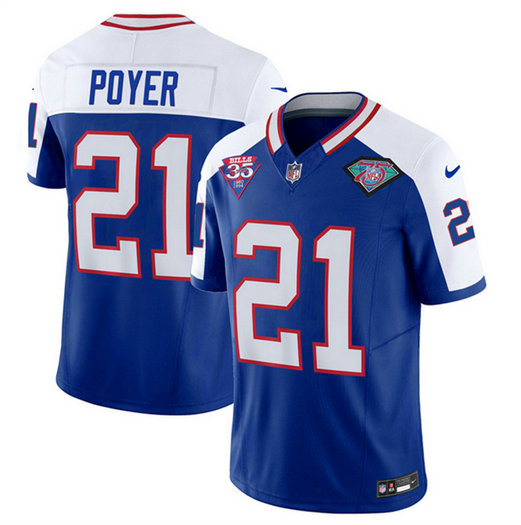 Men's Buffalo Bills #21 Jordan Poyer Blue White 2023 F.U.S.E. 35th And 75th Patch Throwback Vapor Untouchable Limited Stitched Jersey