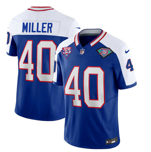 Men's Buffalo Bills #40 Von Miller Blue White 35th And 75th Patch 2023 F.U.S.E. Throwback Vapor Untouchable Limited Stitched Jersey
