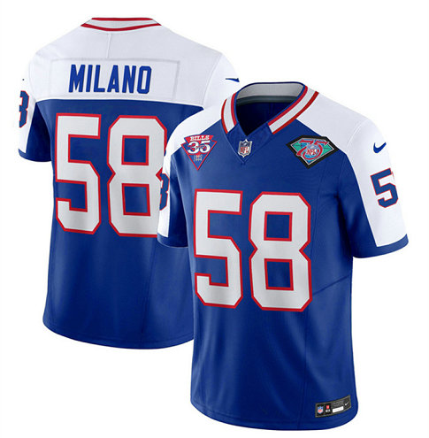 Men's Buffalo Bills #58 Matt Milano Blue White 35th And 75th Patch 2023 F.U.S.E. Throwback Vapor Untouchable Limited Stitched Jersey
