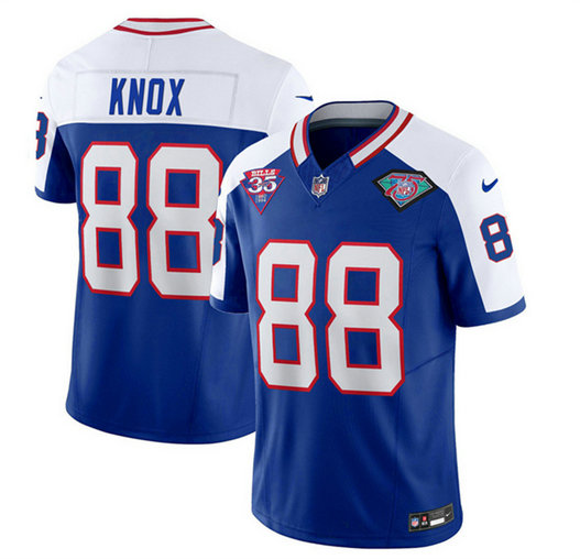 Men's Buffalo Bills #88 Dawson Knox Blue White 35th And 75th Patch 2023 F.U.S.E. Throwback Vapor Untouchable Limited Stitched Jersey
