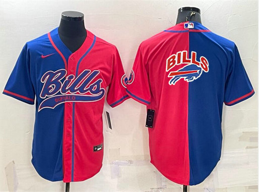Men's Buffalo Bills Blank Royal Red Split Team Big Logo With Patch Cool Base Stitched Baseball Jersey