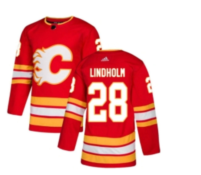 Men's Calgary Flames #28 Elias Lindholm Red Stitched NHL Jersey