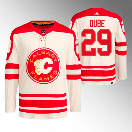 Men's Calgary Flames #29 Dillon Dube 2023 Cream Heritage Classic Primegreen Stitched Jersey