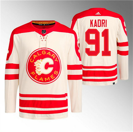 Men's Calgary Flames #91 Nazem Kadri 2023 Cream Classic Primegreen Stitched Jersey
