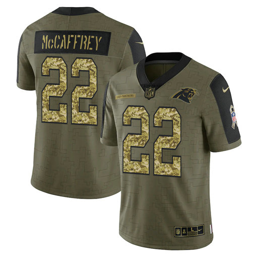 Men's Carolina Panthers #22 Christian McCaffrey 2021 Olive Camo Salute To Service Limited Stitched Jersey