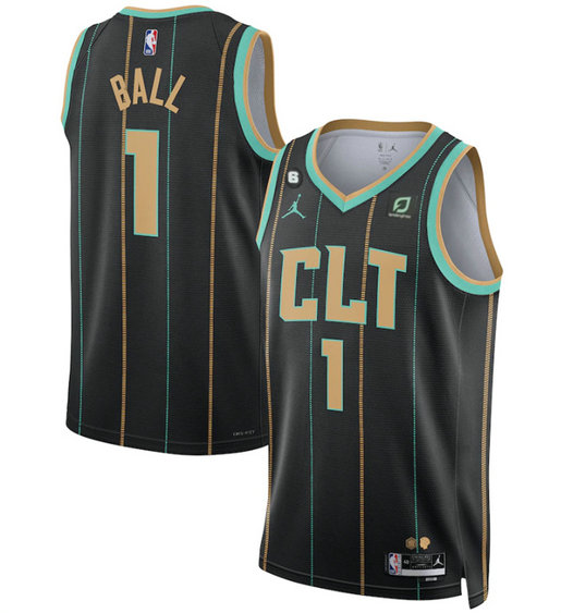 Men's Charlotte Hornets #1 LaMelo Ball Black 2022 23 City Edition No.6 Patch Stitched Basketball Jersey