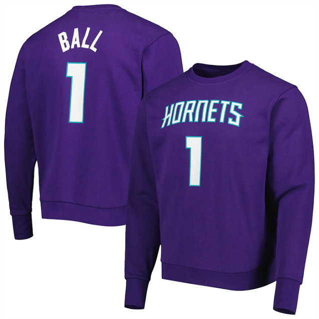 Men's Charlotte Hornets #1 LaMelo Ball Purple Long Sleeve T-Shirt