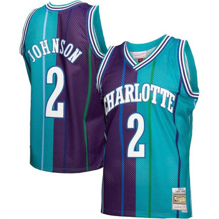 Men's Charlotte Hornets #2 Larry Johnson Teal Purple Split 1992-93 Mitchell & Ness Swingman Stitched Jersey