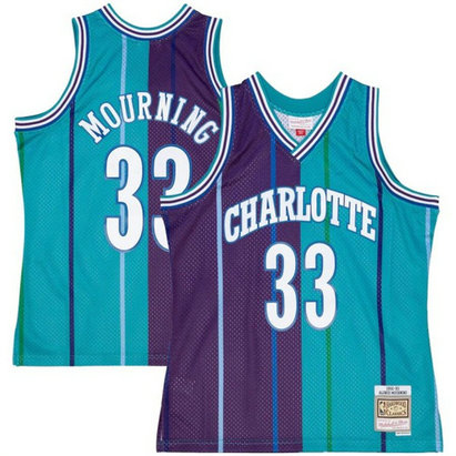 Men's Charlotte Hornets #33 Alonzo Mourning Teal Purple Split 1992-93 Mitchell & Ness Swingman Stitched Jersey