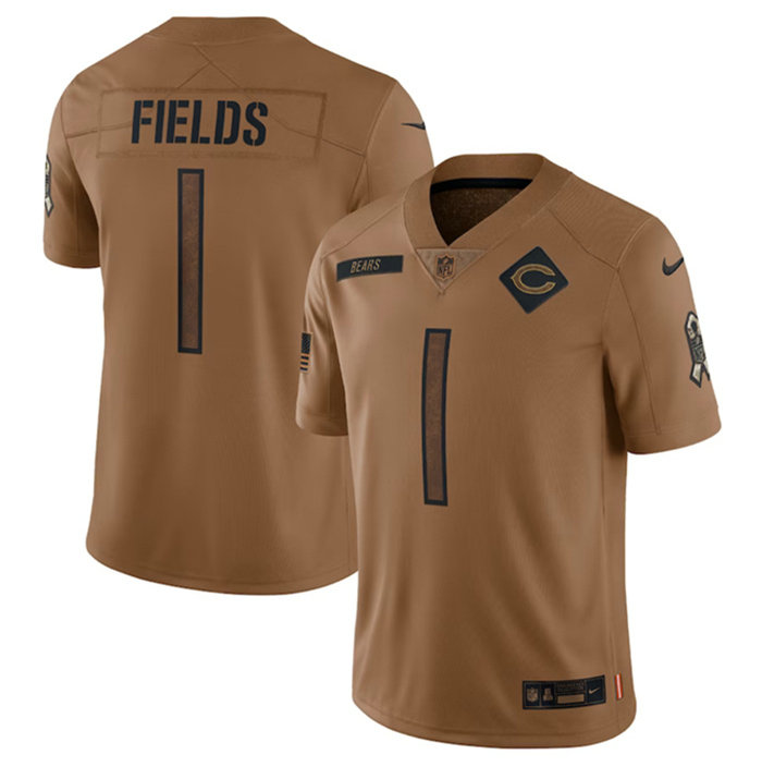 Men's Chicago Bears #1 Justin Fields 2023 Brown Salute To Service Limited Stitched Football Jersey