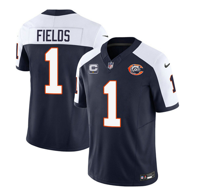 Men's Chicago Bears #1 Justin Fields Navy White 2023 F.U.S.E. With 1-Star C PatchThrowback Limited Stitched Football Jersey
