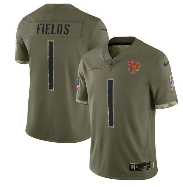 Men's Chicago Bears #1 Justin Fields Olive 2022 Salute To Service Limited Stitched Jersey