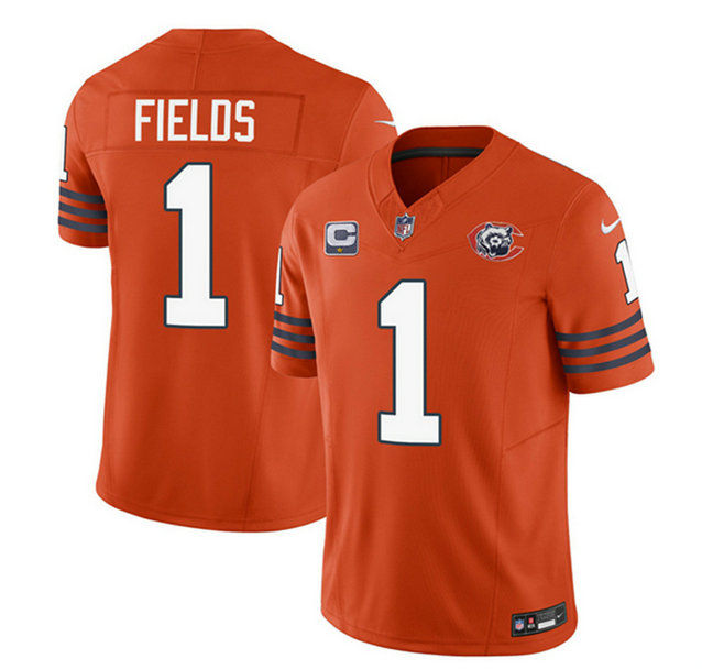 Men's Chicago Bears #1 Justin Fields Orange 2023 F.U.S.E. With 1-Star C Patch Throwback Limited Stitched Football Jersey
