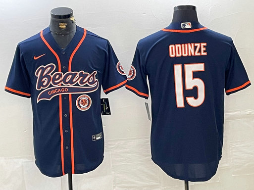 Men's Chicago Bears #15 Rome Odunze Navy With Patch Cool Base Stitched Baseball Jersey 2