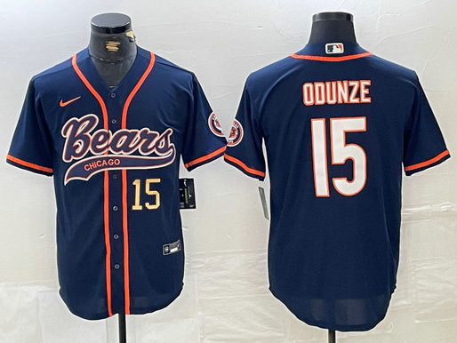 Men's Chicago Bears #15 Rome Odunze Navy With Patch Cool Base Stitched Baseball Jersey 3