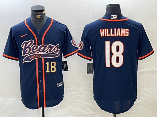 Men's Chicago Bears #18 Caleb Williams Navy With Patch Cool Base Stitched Baseball Jersey 2