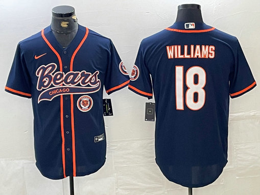 Men's Chicago Bears #18 Caleb Williams Navy With Patch Cool Base Stitched Baseball Jersey 3