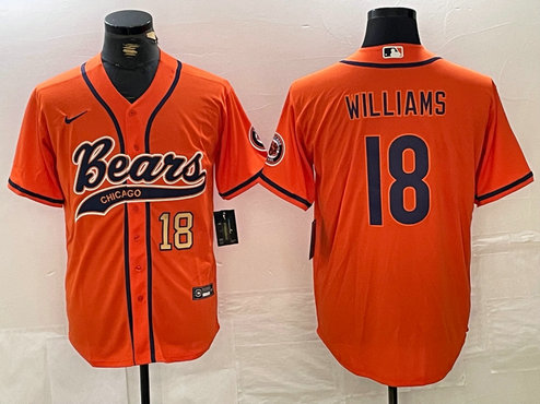Men's Chicago Bears #18 Caleb Williams Orange With Patch Cool Base Stitched Baseball Jersey 2
