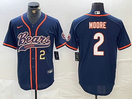 Men's Chicago Bears #2 DJ Moore Navy With Patch Cool Base Stitched Baseball Jersey 1