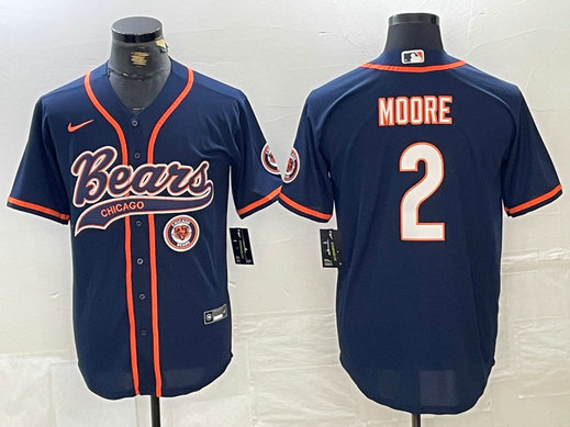 Men's Chicago Bears #2 DJ Moore Navy With Patch Cool Base Stitched Baseball Jersey 2