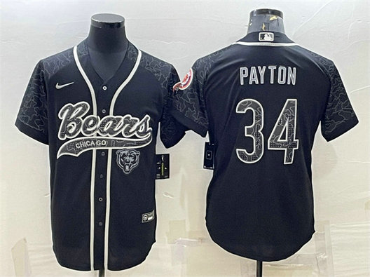Men's Chicago Bears #34 Walter Payton Black Reflective With Patch Cool Base Stitched Baseball Jersey
